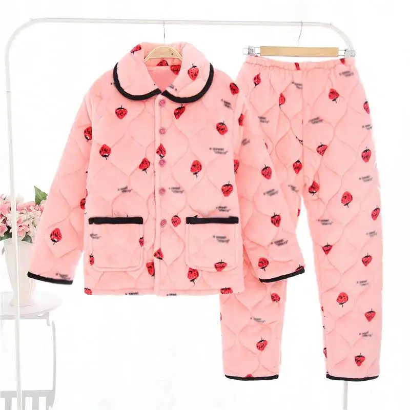 

2019 Winter Autumn Women Pajamas Set Thicken Warm Flannel Sleepwear Set Turn-Down Collar Loose Home 2 Piece Set