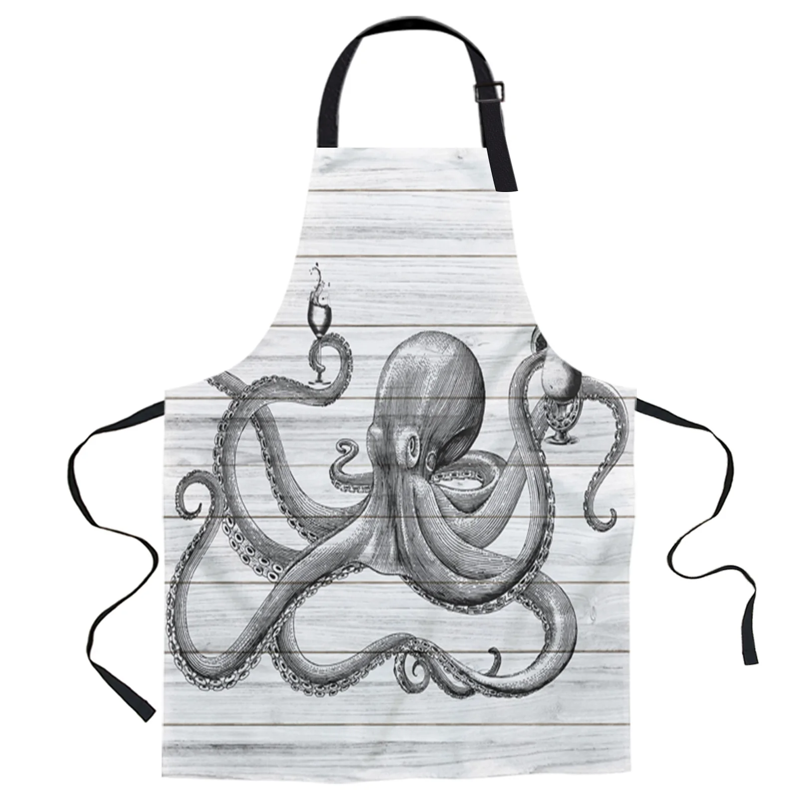 Wooden Board Octopus Champagne Drink Kitchen Nail Shop Apron for Women Men Kids Aprons Dinner Party Cooking Baking Accessories | Дом и сад