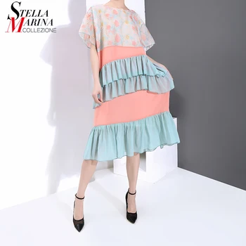 

New 2020 Women Summer Embroidered Pastel Dress Ruffle Pink Light Blue Patchwork Big Size Ladies Cute Midi Dress Casual Robe 6183