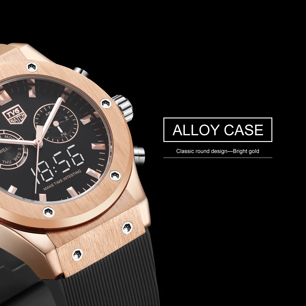 TVG Luxury Brand MensNew Luminous Dual Display Quartz Watch PU Watch Band Waterproof Watch LED Digital Watch Men Sport Watch