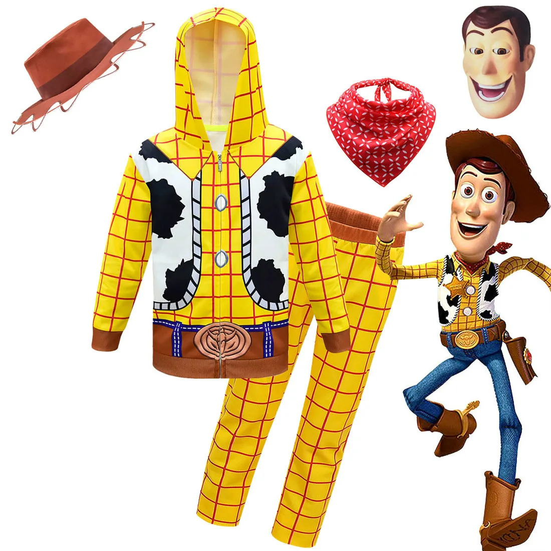 Детский карнавальный костюм для мальчиков «История игрушек», толстовка с капюшоном и длинными рукавами с изображением Вуди, комплект с длинными штанами для мальчиков, костюм Вуди для косплея на Хэллоуин