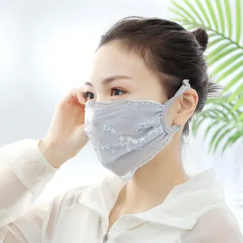 

Women's Floral Print Sunscreen Imitation Silk Mask Lady's PM 2.5 Breathable Embroidery Cotton5 pcs Lace Mouth Muffle Lace Mask