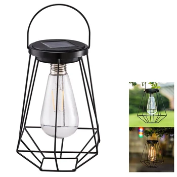 

Tungsten Bulb Outdoor Rustless Camping Garden Filament Vintage Solar Lamp Courtyard Iron Net Table Geometric Hanging Lantern