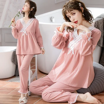 

Summer Thin Cotton Maternity Nursing Sleepwear Suits Sweet Lace V neck Breastfeeding Pajamas Pregnancy Feeding Sleep Lounge Wear