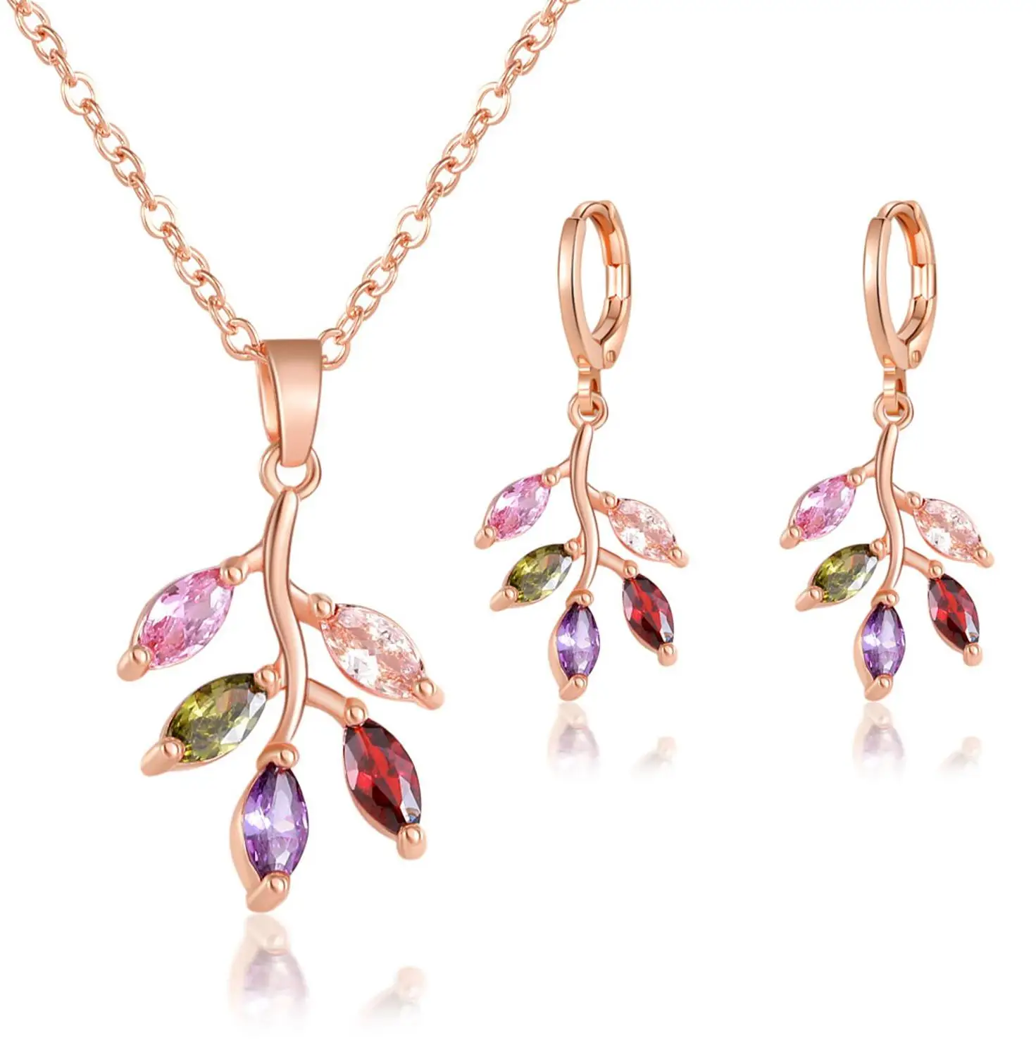 

MOONROCY Rose Gold Color CZ Jewelry Set Cubic Zirconia Colorful Crystal Necklace and Earrings for Women Dropshipping Jewelry
