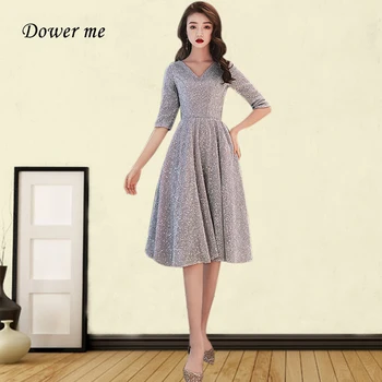 

Knee Length Prom Dresses GK148 V-neck Silver Gray Shining Prom Dresses Elegant Half Sleeve Vestido De Fiesta A Line Formal Gowns