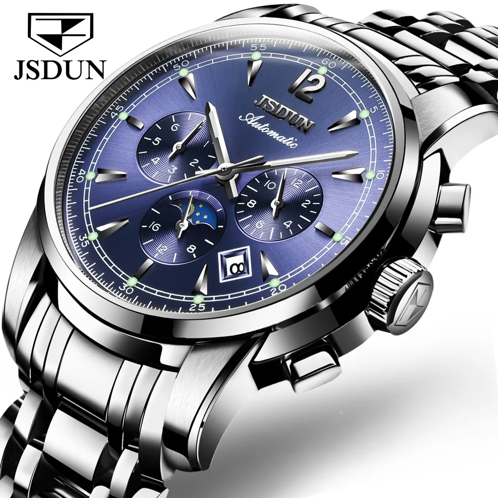 Silver blue Лидирующий бренд Relogios автоматические механические часы Moon Phase водонепроницаемые светящиеся часы с датой недели мужские деловые наручные часы Masculinos - Цвет: Silver blue