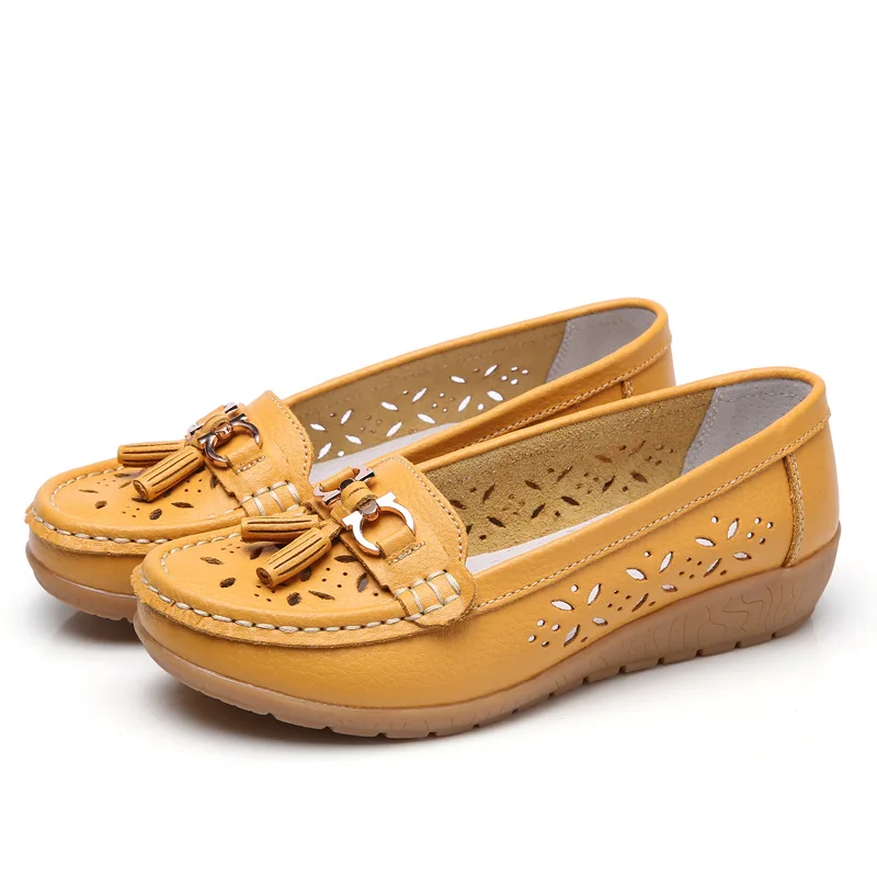Модные женские туфли на плоской подошве; дышащие повседневные лоферы; женская летняя обувь на плоской подошве из натуральной кожи; женская обувь с вырезами - Цвет: Yellow