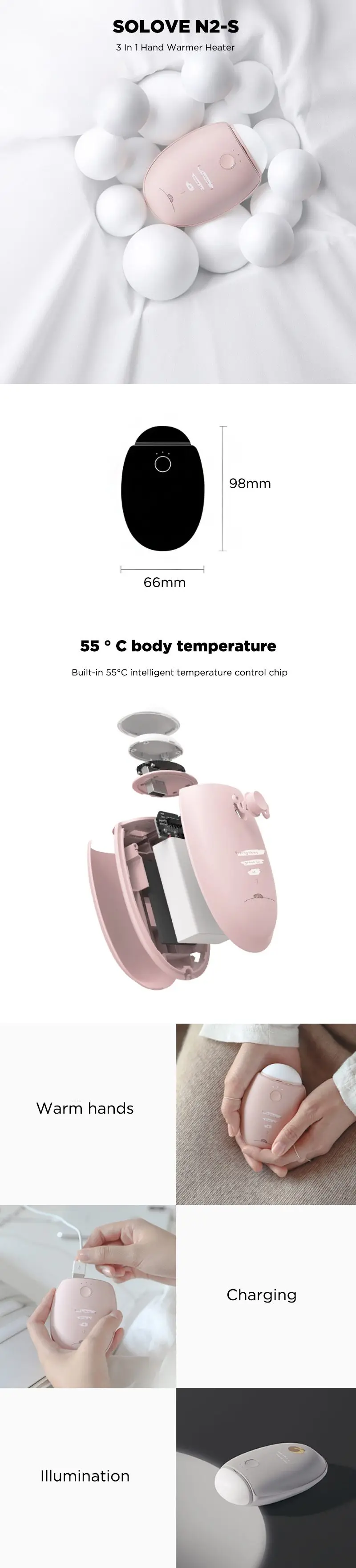 SOLOVE N2-S, 3 в 1, зимний нагреватель, зарядка от USB, грелка для рук, 2960 мА/ч, внешний аккумулятор для кемпинга, фонарик