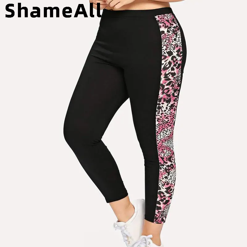 Plus Size Side Leopard Print Ankle Length Leggings 4XL Women High Waist Slim Fit Sexy Bodycon Tracksuit Black Legging |