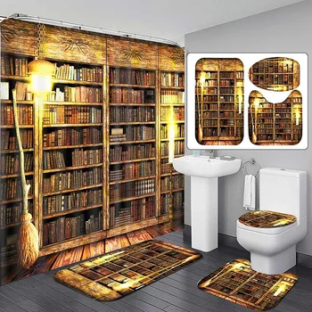 

180x180cm Old Retro Study Wooden Bookshelf Pattern Bathroom Shower Curtain Anti-Slip Kitchen Bath Mat Toliet Rug Bathroom Set