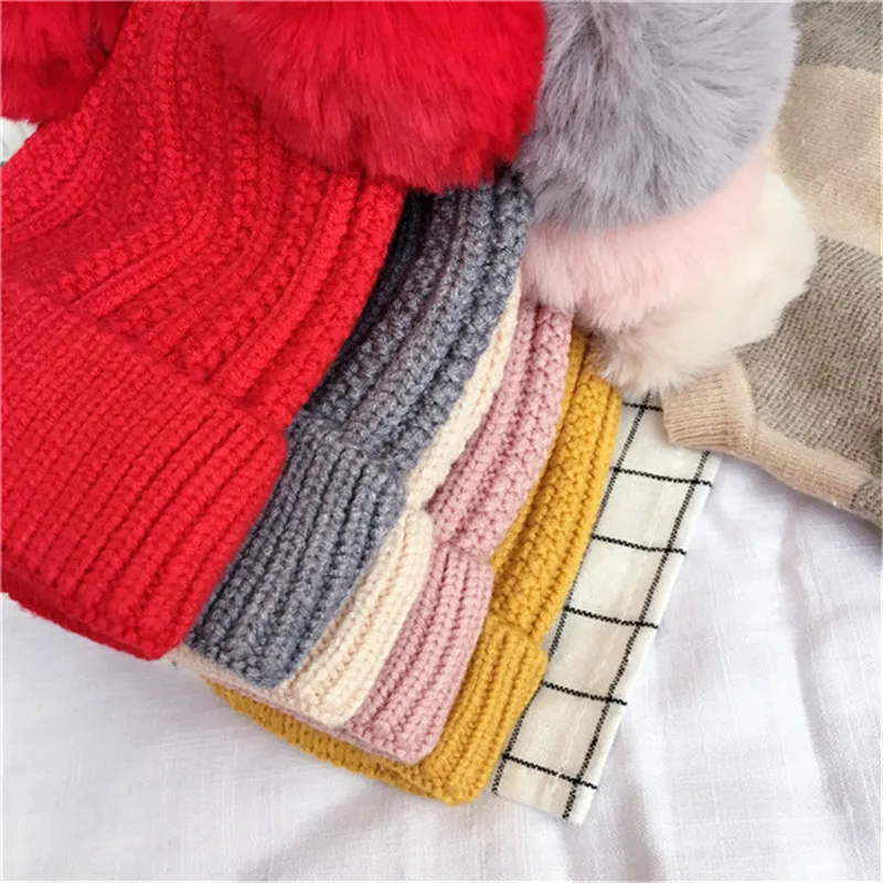 Детские шапочки Skullies Beanies для мальчиков и девочек, зимняя однотонная шапка с ушками медведя из мультфильма, теплые модные Эластичные аксессуары с помпоном