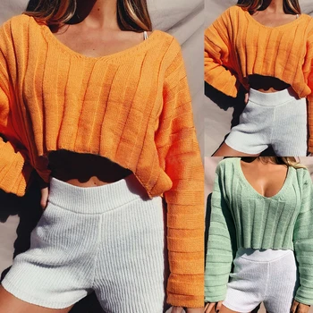 

V-neck Knitted Sweater Womens Sweaters Autumn Tops Short Sleeve Short Sweater Fall Women's Solid Color Sweater