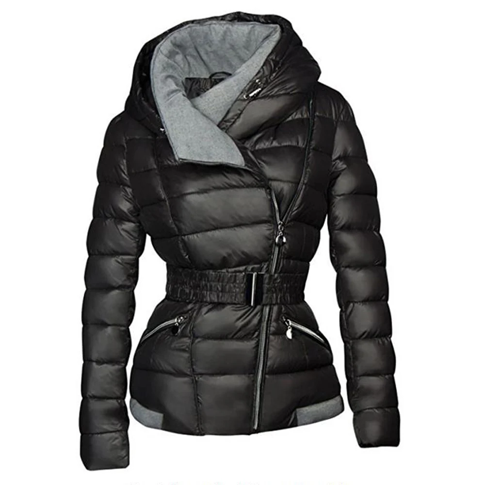 Зимние пальто женские парки хлопок теплая Толстая короткая куртка пальто с поясом тонкая Повседневная молния готический черный верхняя одежда пальто