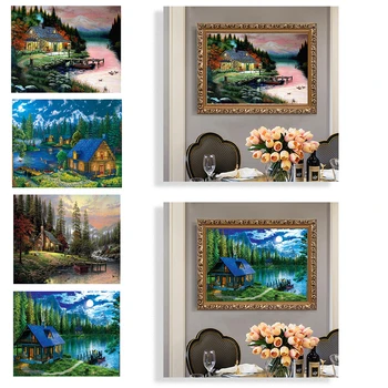 

4PCS/Set Full Drill Round Diamond Painting House Landscape 5D DIY Embroidery Mosaic Canvas Cross Stitch Kit Room Decor Gift