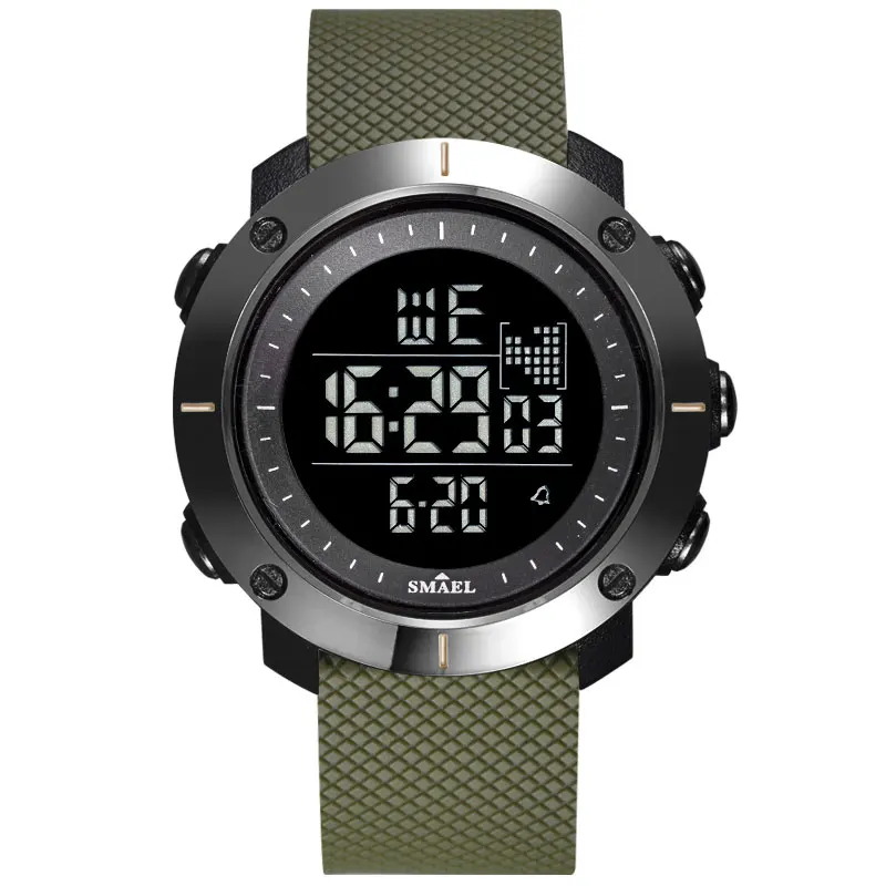 army green SMAEL 1711 Мужские Цифровые спортивные часы электронные наручные часы светодиодный Большой Циферблат Водонепроницаемые Военные часы светящиеся часы с будильником - Цвет: army green