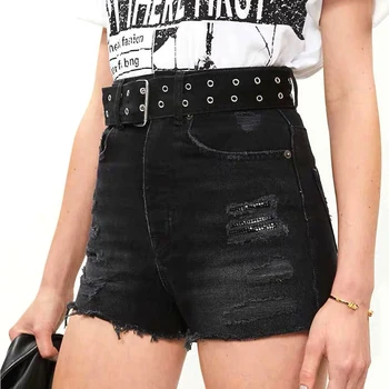

New Fashion Women's Denim Shorts High Waist holes Sequins wide leg tassel short jeans pants with sashes
