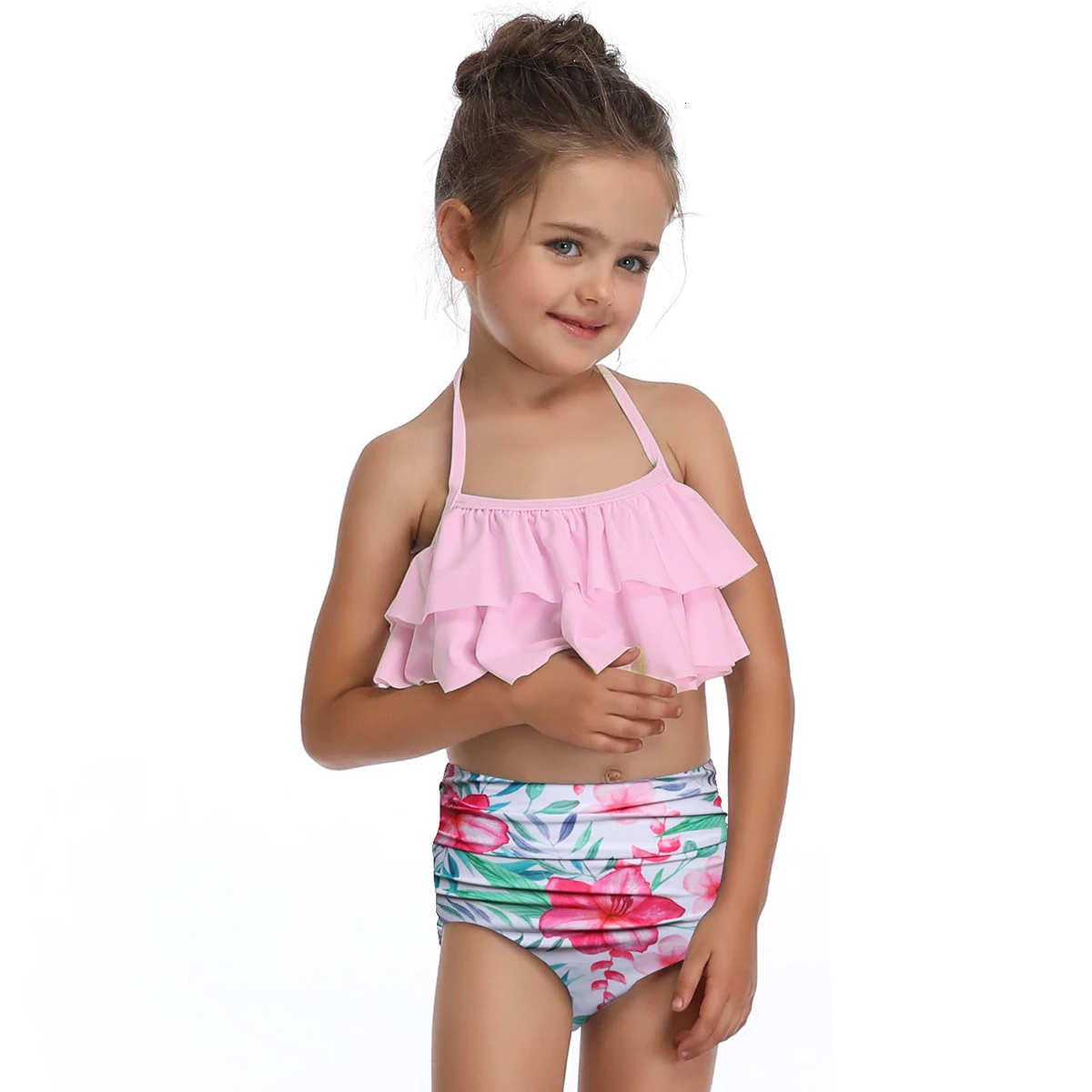 2-8 Years Doubles Ruffles Swimwear Kids Girls Swimsuit Two Pieces Hot Sale Children Bikini Set Princess Beach Wear Dress