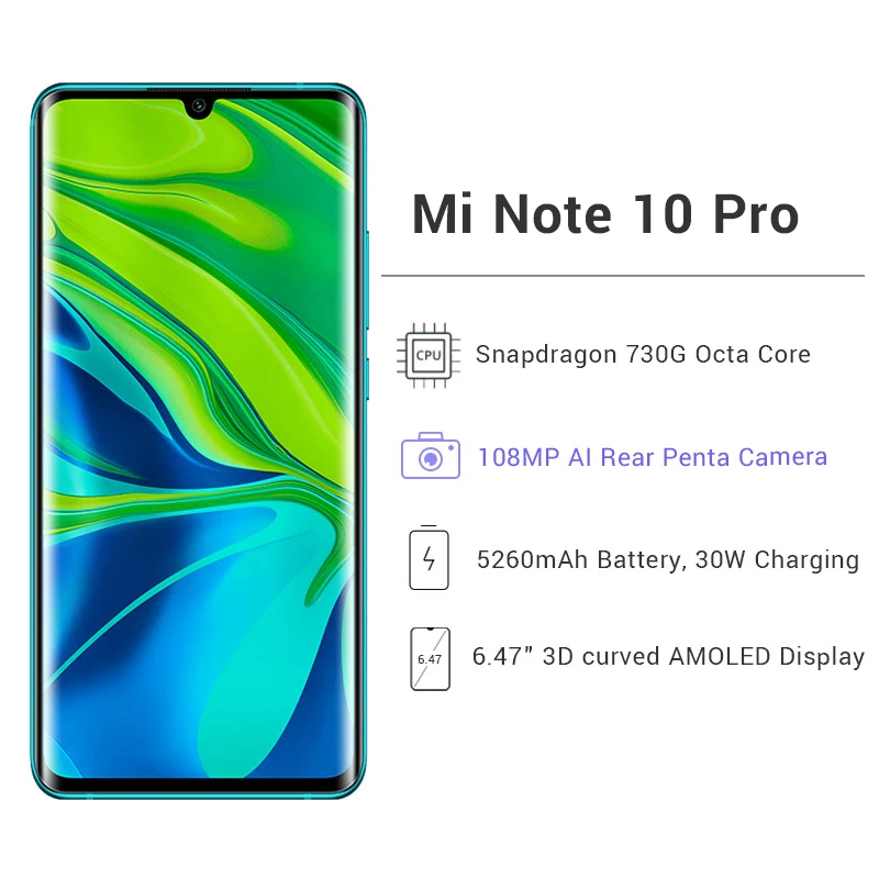 Глобальная версия Xiaomi Mi Note 10 Pro 8 Гб 256 ГБ 108 МП Penta камера смартфон Восьмиядерный Snapdragon730G 10x Гибридный зум 5260 мАч