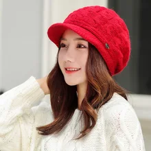 Новые модные женские вязаные кепки с козырьками, зимняя теплая шапка из искусственного кроличьего меха, Женская плотная одноцветная шапка, женские уличные лыжные зимние шапки