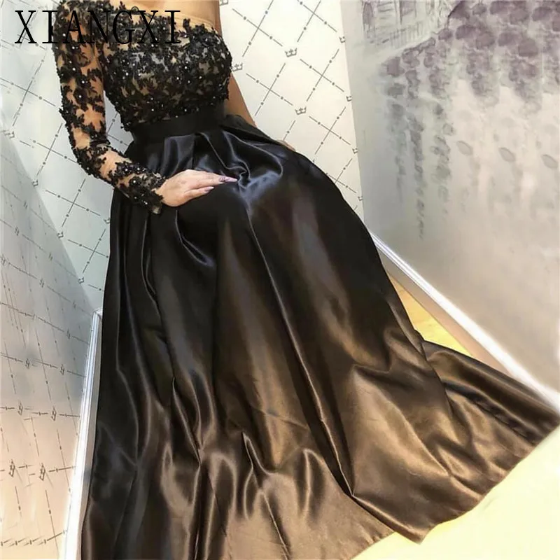

Black Off Shoulder Sexy A-Line Evening Dresses 2019 Handmade Flowers Crystal Satin Evening Gowns