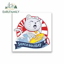 EARLFAMILY 13cm x 13cm for Lucky Cat Japan Surfing Funny Car Stickers Cartoon Oem Waterproof Vinyl JDM Bumper Trunk Graphics
