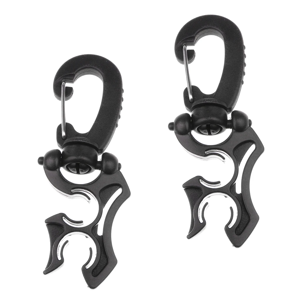 2 Pieces Scuba Diving Double BCD Hose Holder with Swivel & Folds Clip Black Water Sports Swimming Diving Pool Accessories