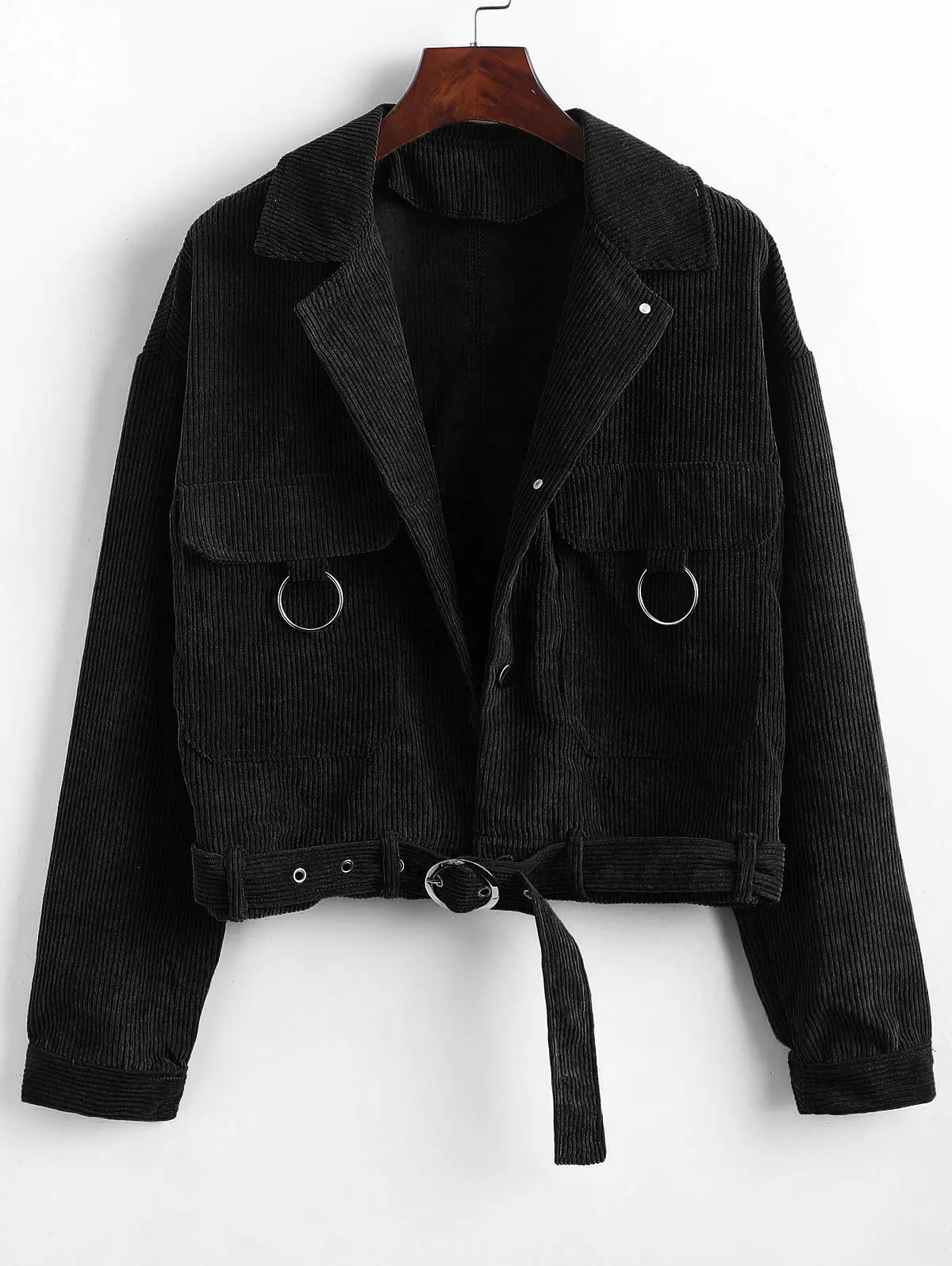 Black ZAFUL, на пуговицах, с поясом, одноцветная Вельветовая куртка, с карманами, с заниженным плечом, простая, с круглым кольцом, украшенная, женская, повседневная, осенняя куртка - Цвет: Black