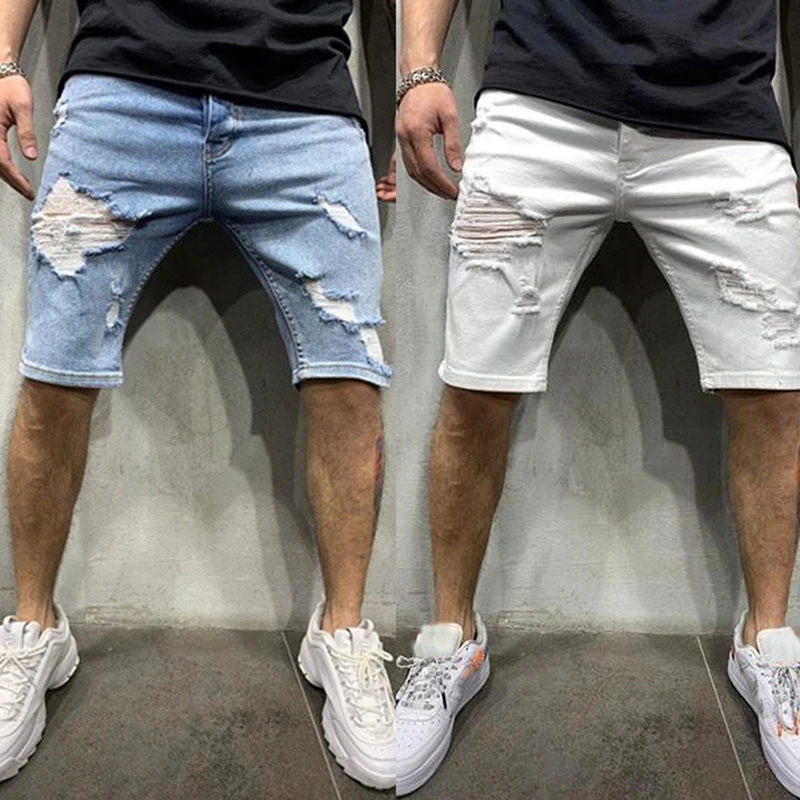 Summer Men White Skinny Ripped Denim 