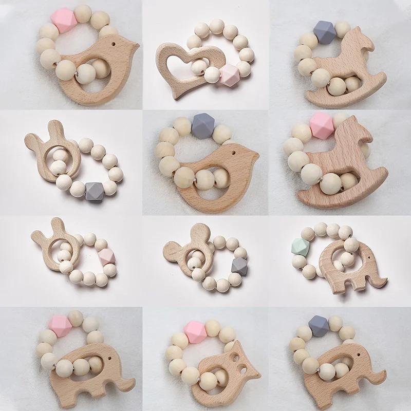 Baby Rattle Toys Wooden Rattle Beech Bear Hand Teething Ring Baby Rattles Play Stroller Toy Baby Teether Wooden Toy Rattle