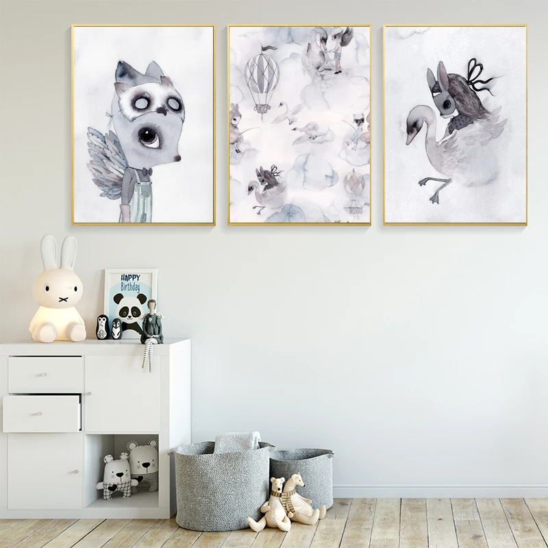 Nordic-Spray-Color-Rabbit-Girl-Canvas-Painting-Cartoon-Bicycle-Boy-Circus-Lion-Whale-Wall-Picture-Animal (1)