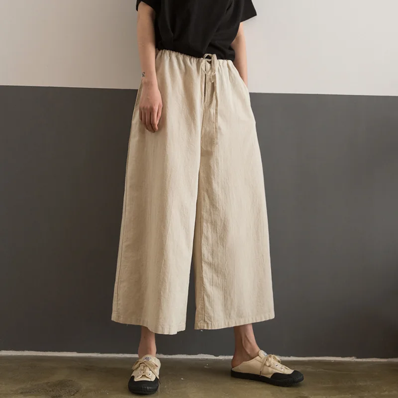 

Johnature 2019 New Cotton Linen Vintage Ankle-length Pants Summer Women Clothes Solid Color Loose Pockets Wide Leg Pants