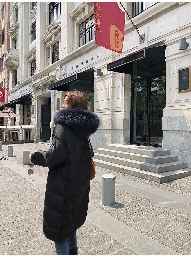 Photo Shoot Autumn And Winter New Style White Duck down Jacket Women's Mid-length Genuine Fur Collar Straight-Cut Warm Thic