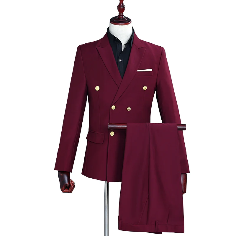 

(Jacket+Pants) Men's Business Casual Suit Golden Double-Breasted Lapel Wine Red Slim Suit Two Piece Set Banquet Party Set