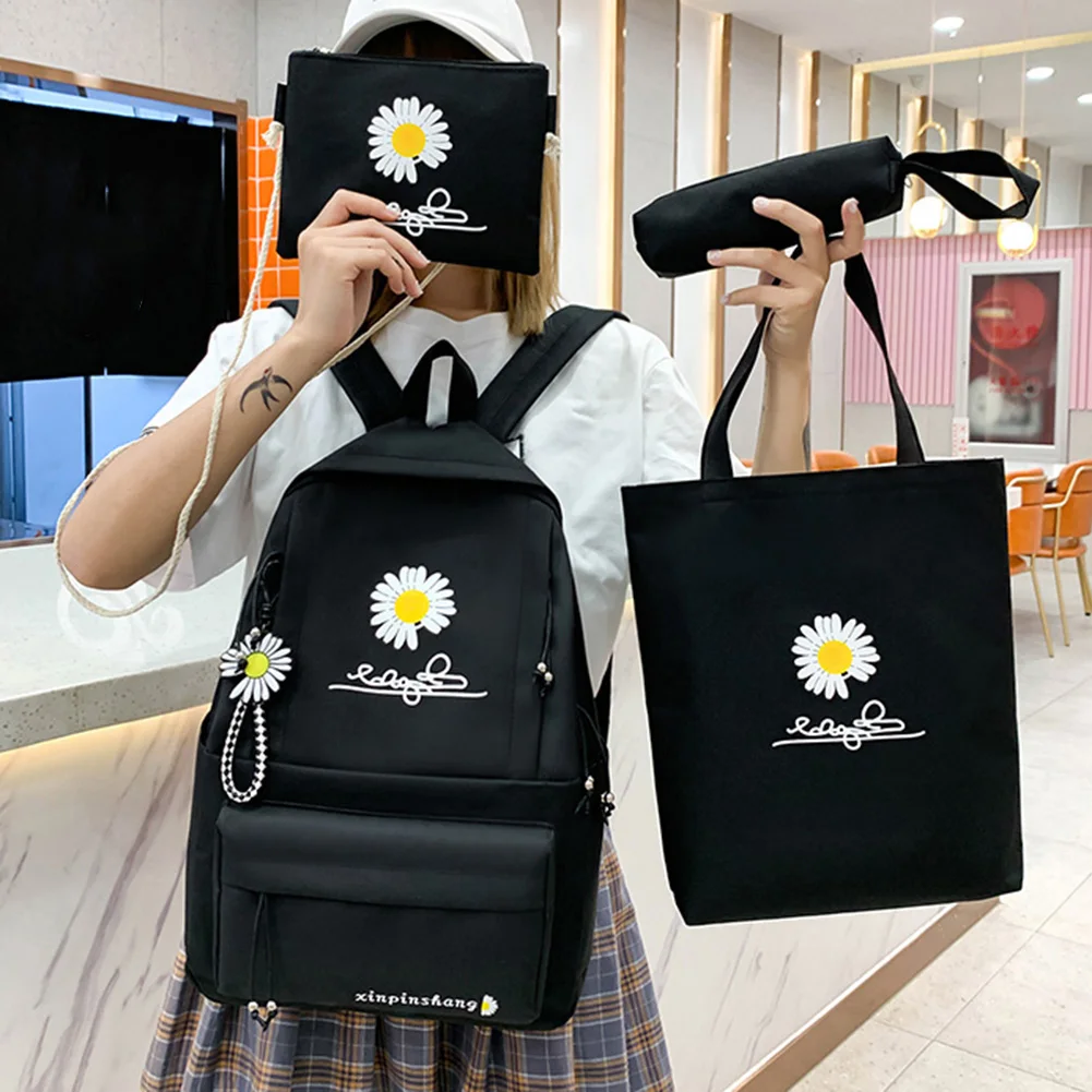 4pcs/Set Preppy Style Daisy Print Backpacks Canvas School Rucksack Teenager Girls Travel Mochila Shoulder Bags Students Clutches children backpack children bag