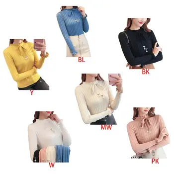 

Women Ribbed Knit Sweater Faux Pearl Lace Up Bowknot Ruffles Pullover Jumper Top