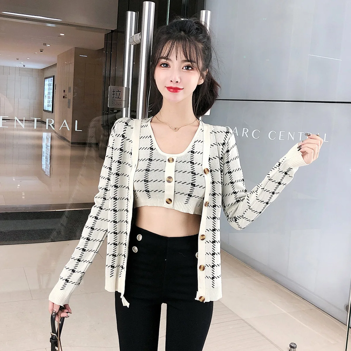 

Photo Shoot Autumn Sexy Short Underwear Small Camisole + Outer Wear Plaid Long Sleeve Thin Knitted Cardigan Set