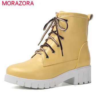 

MORAZORA 2020 big size 43 women ankle boots lace up round toe autumn winter boots concise casual low heel platform shoes woman