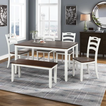 

6 Piece Kitchen Furnitures Modern Nordic Style Dining Table Dining Set With Bench Table Set And Waterproof Coat Ivory Cherry