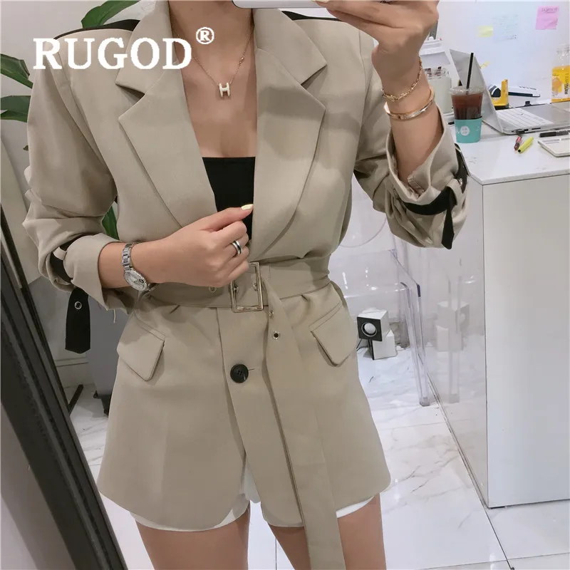 RUGOD, новое осеннее поступление, женские блейзеры, узкая куртка в стиле пэчворк с поясом, модное женское элегантное темпераментное пальто