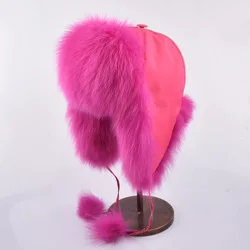 Rose Red Real Fox Fur Russia Hats For Women Men Winter Thick Warm Cap Ear Flaps Windproof Caps - Цвет: Rose Red