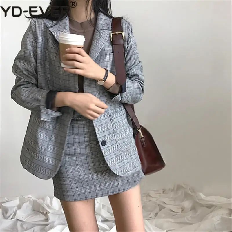 

korea chic blazer coat plaid mini skirt suit women jacket suit office lady jacket high waist skirt 2 piece set women