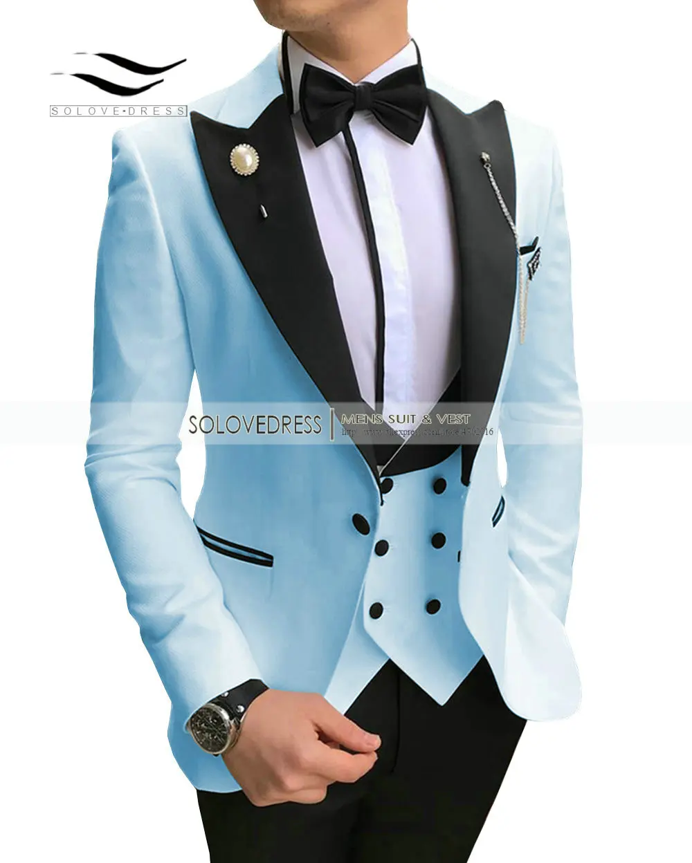 Baby Blue Solovedress 3 шт. мужской деловой костюм одежда Slim Fit смокинг жених двубортный жилет куртка Tux брюки пик лацкане Мода M21 - Цвет: Baby Blue