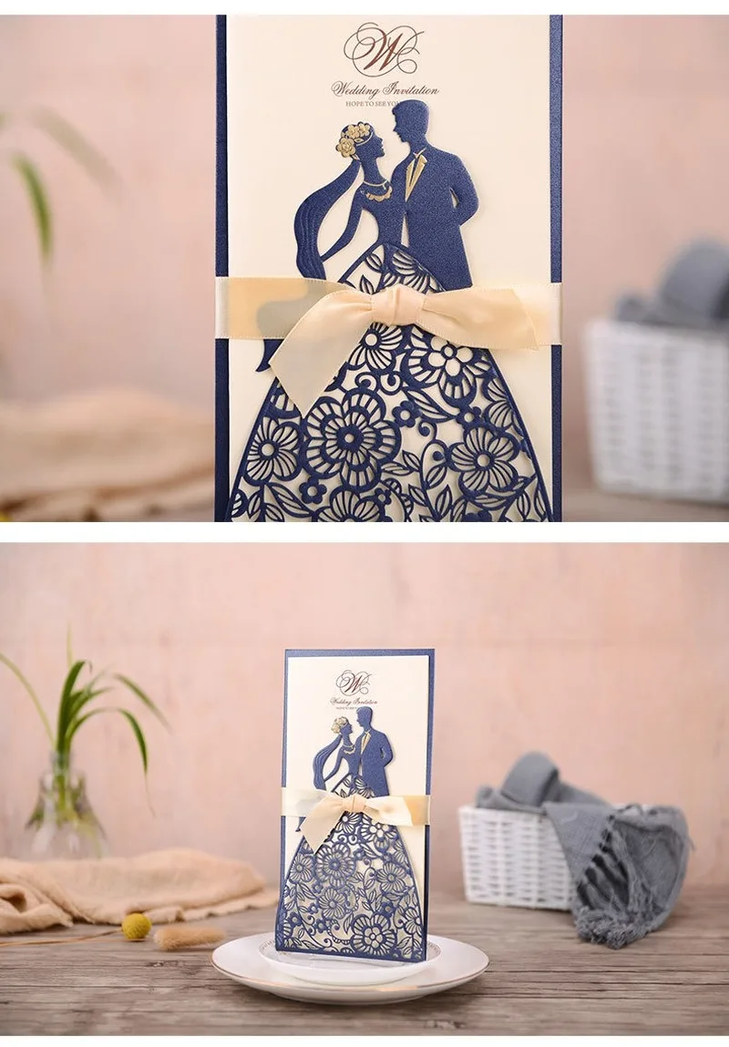 50Sets Laser Cut Wedding Invitations Card Bride and Groom Greeting Card with Ribbon Engagement Wedd - 4.00026E+12