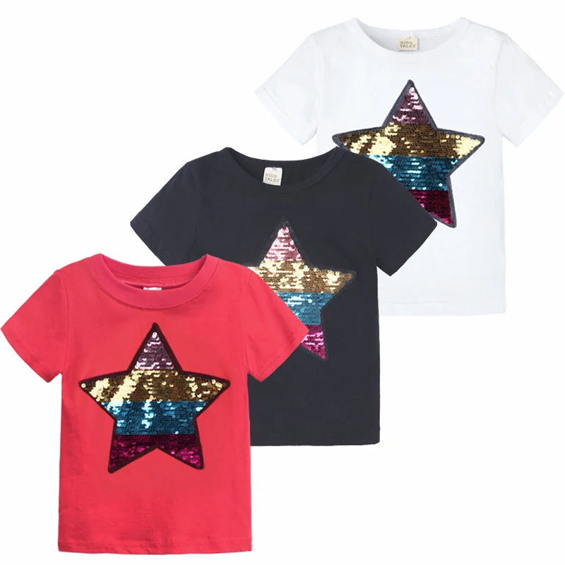 

2-8T Princess Anna Elsa Cute Baby Girls T Shirt Cotton Double-Sided Pattern Sequin Clothes Cartoon O-neck Tops Star Boys T-shirt