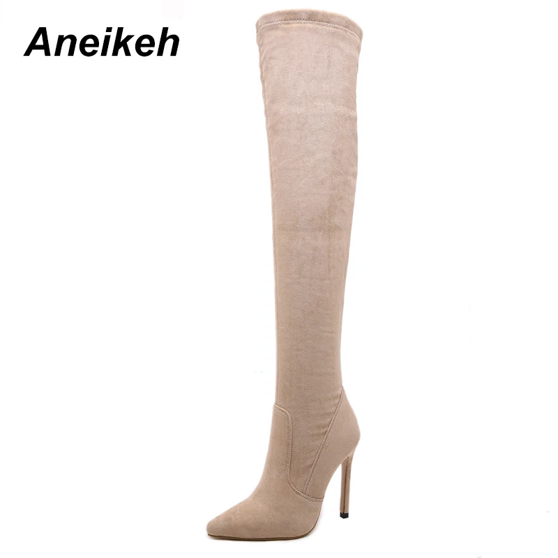 Aneikeh/ весна/женские осенние ботинки без застежки из искусственной замши стрейч сапоги до бедра модные Ботфорты женская обувь на высоком каблуке сапат