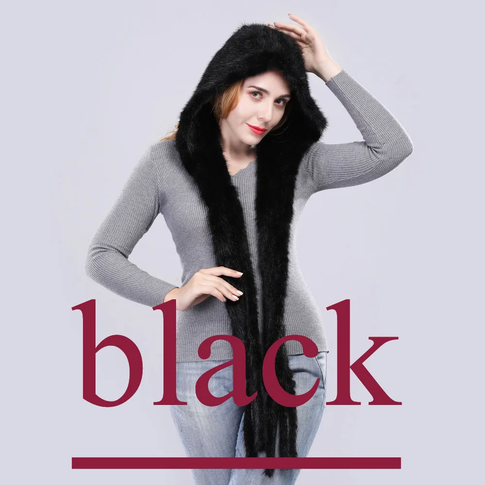 Fashion women real mink fur scarf with hooded handmade knitted genuine mink scarves tassel elegant brand - Цвет: black