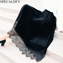 Женская длинная Плиссированная юбка с высокой талией, зимние черные бархатные юбки, Женская кружевная юбка с эластичной резинкой на талии, Jupe Femme Faldas Mujer Moda