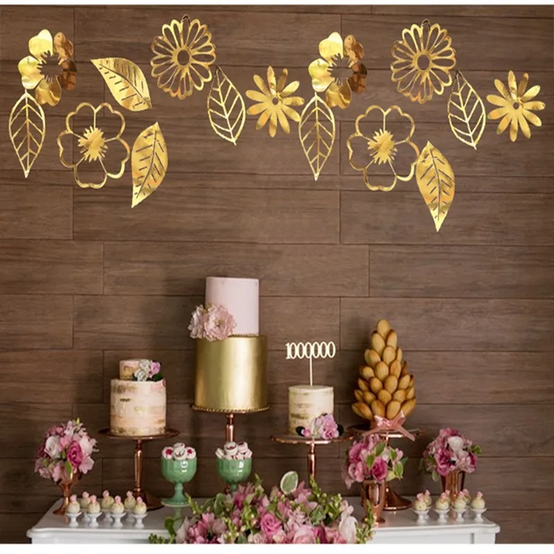 Home Wall Stickers Golden Silver Openwork Flowers Leaves Birthday Banner Wedding Flower String Decoration | Дом и сад