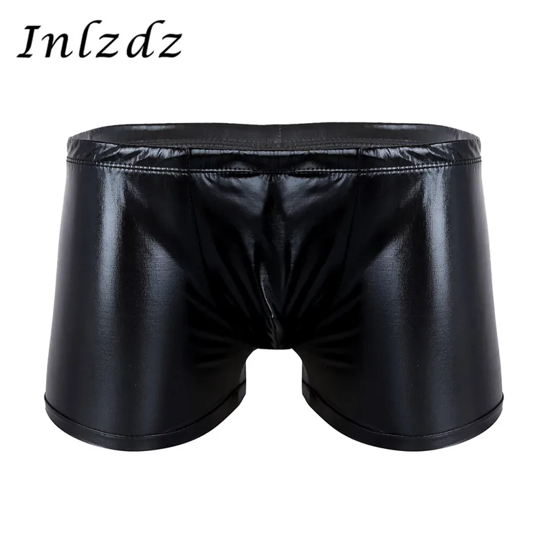 Mens Exotic Latex Underwear Leather Hot Sexy Boxer Brief With A Metal Ring Underwear With Penis Sleeve Sheath Lingerie Shorts